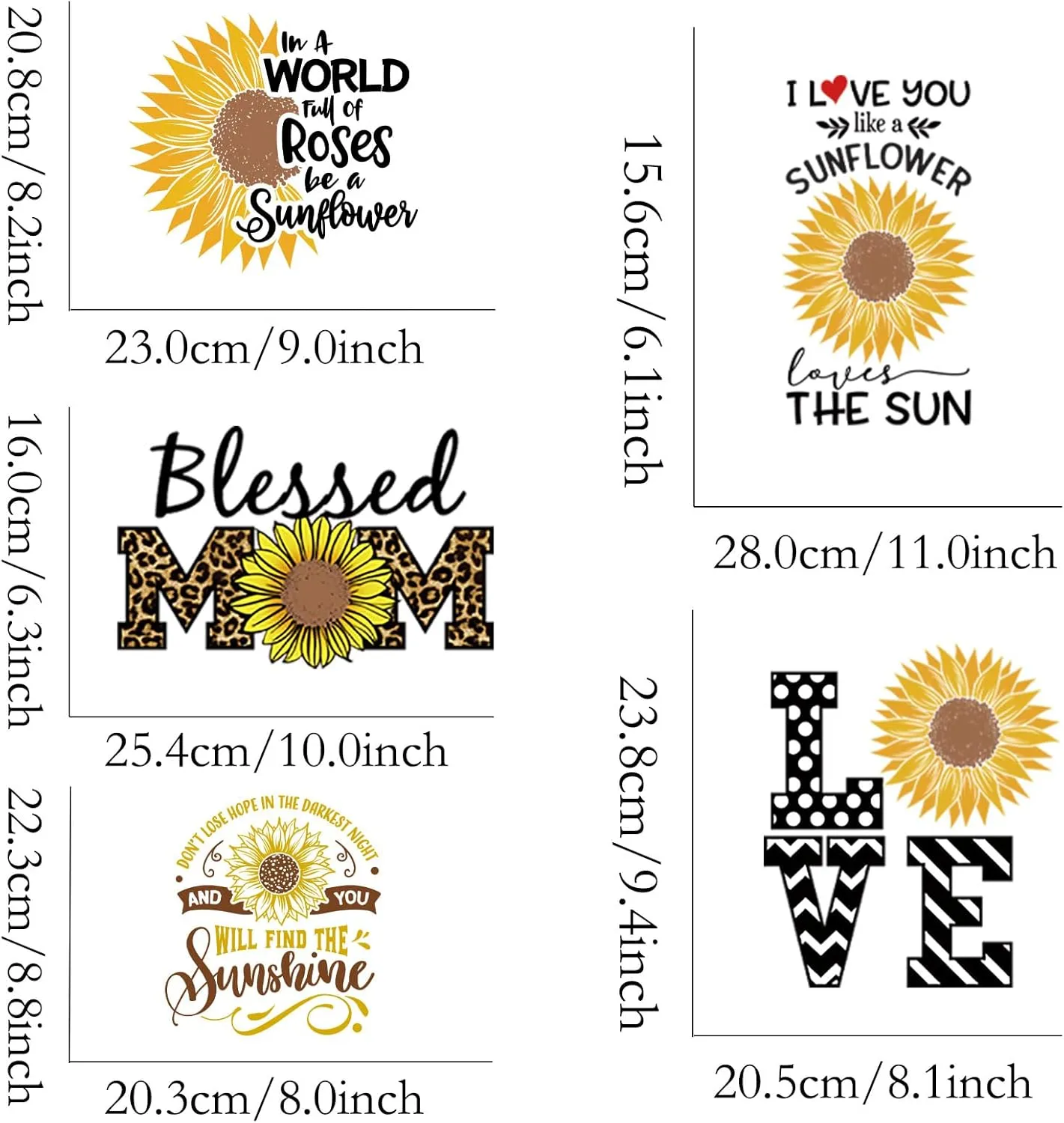 5Pcs Iron On Patches for Clothing Sunflower Heat Press Decals for T-Shirt Jackets Jeans Bags Hats DIY Washable Iron On Stickers
