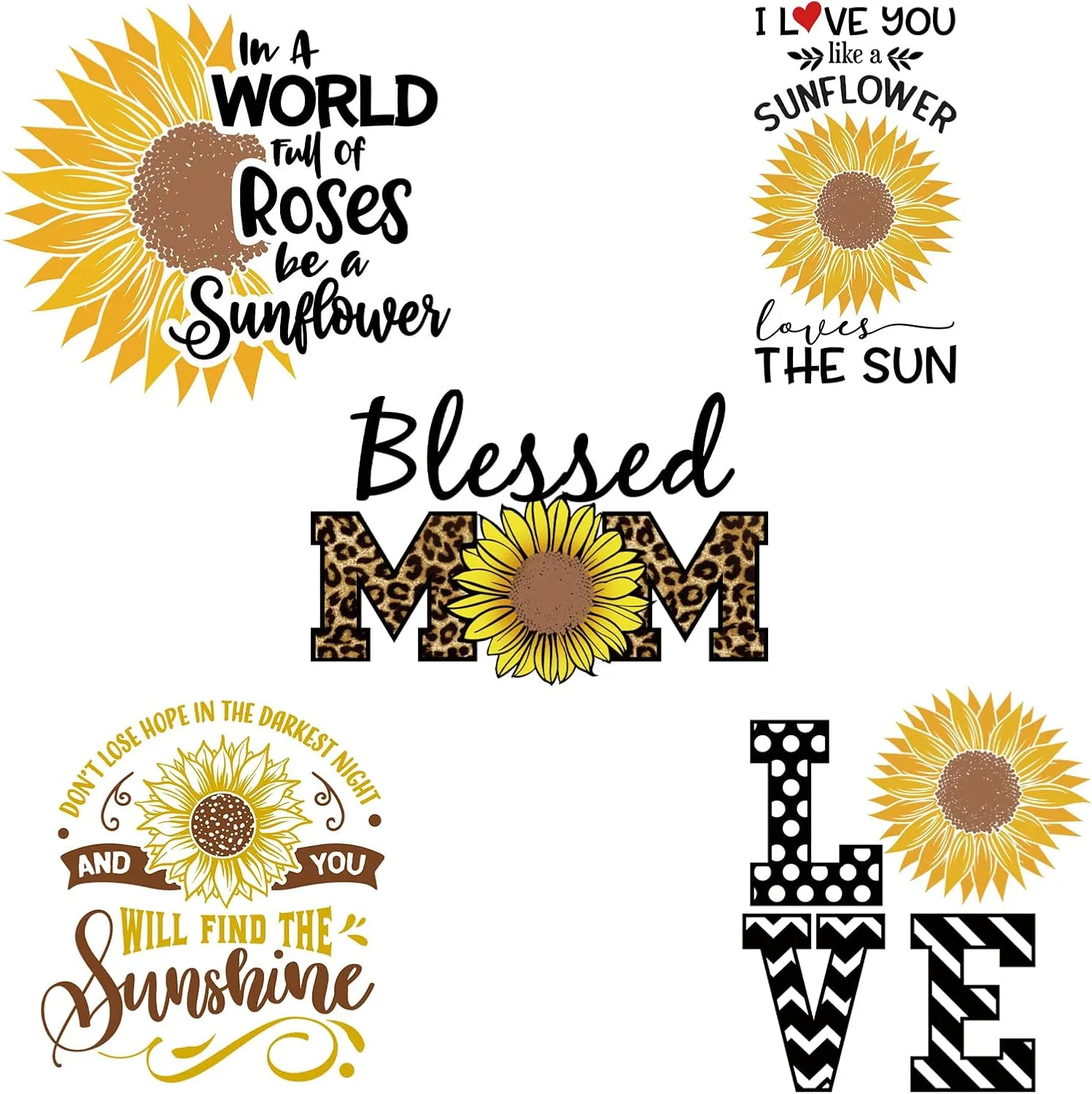 5Pcs Iron On Patches for Clothing Sunflower Heat Press Decals for T-Shirt Jackets Jeans Bags Hats DIY Washable Iron On Stickers