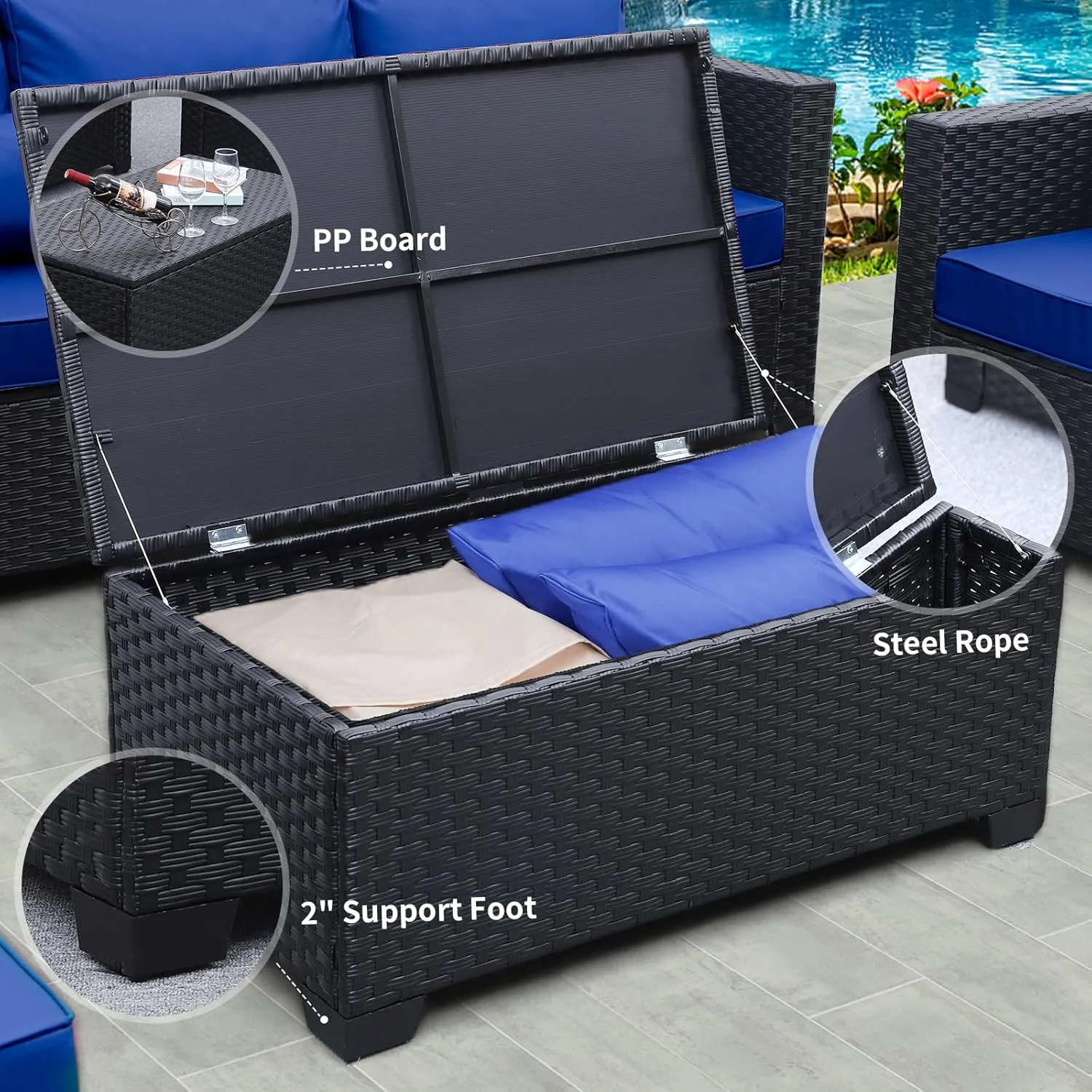 6 Pieces Patio Wicker Furniture Set Outdoor PE Rattan Conversation Couch Sectional Chair Sofa Set with Royal Blue Cushions