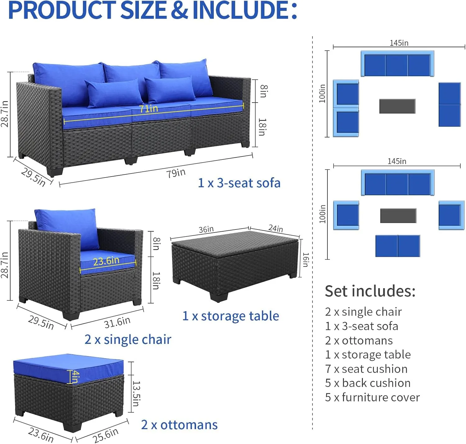 6 Pieces Patio Wicker Furniture Set Outdoor PE Rattan Conversation Couch Sectional Chair Sofa Set with Royal Blue Cushions