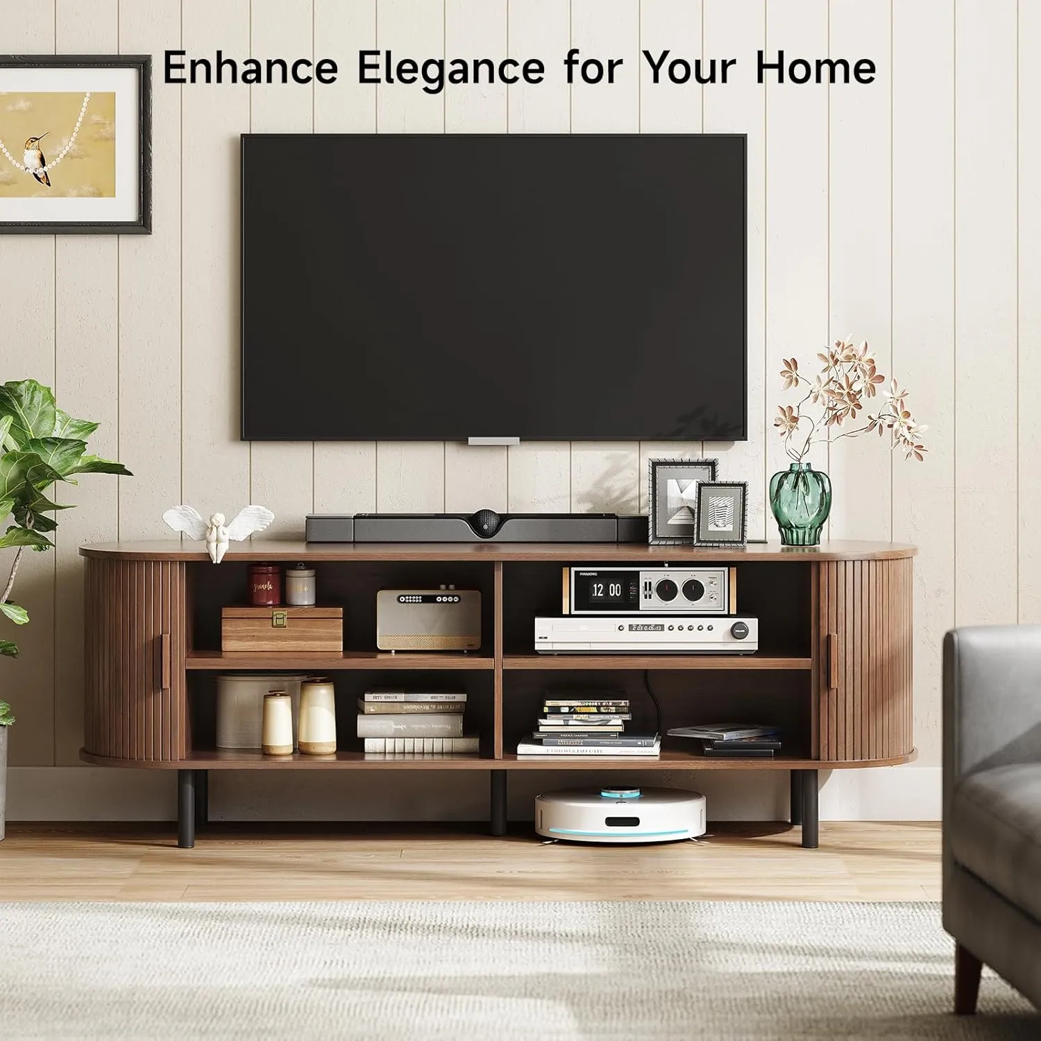 63" TV Stand with Power Outlet for TVs up to 70 Inch, Entertainment Center with Storage and Adjustable Shelves, Modern Media Console with Sliding Doors for Living Room, Walnut