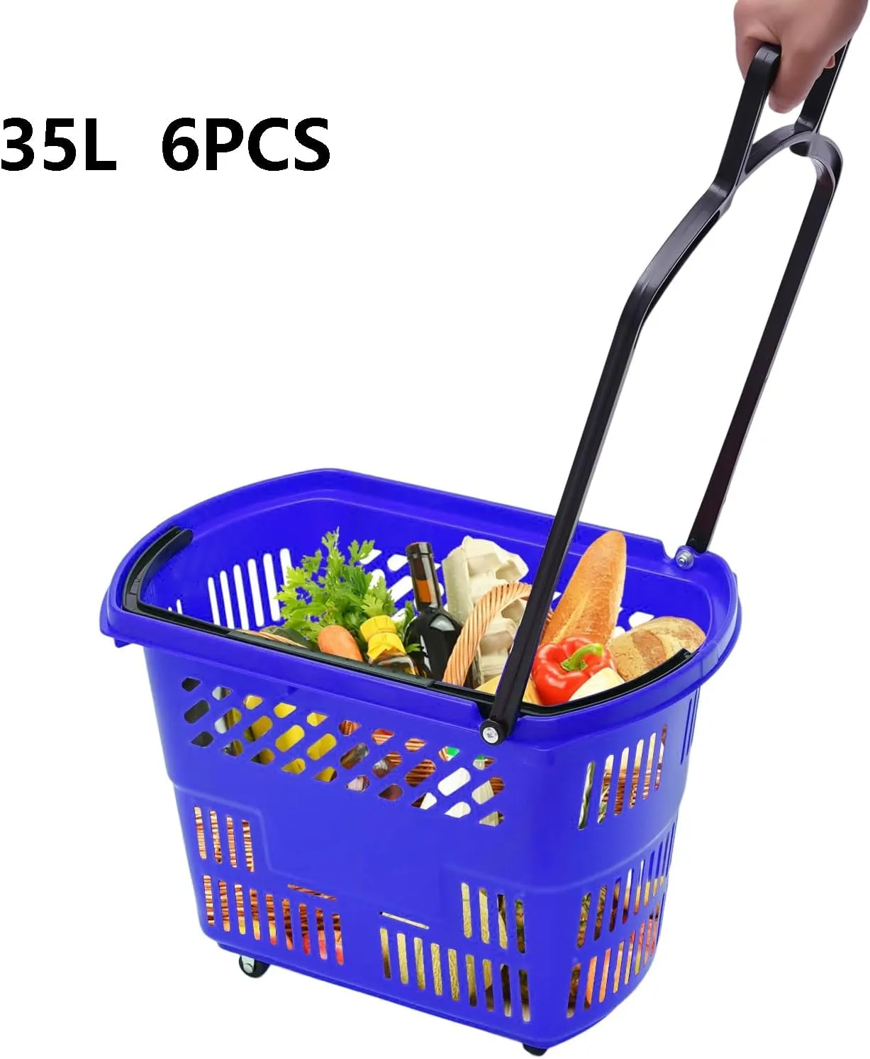 6PCS 35L Shopping Carts for Groceries, Rolling Shopping Basket w/Wheels & Handle, Plastic Shopping Cart Retail Shopping Baskets Carts Grocery Baskets Portable Shopping Basket for Retail Store