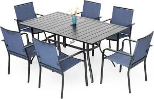 7-Piece Outdoor Dining Set, Powder Coated Steel Table with 6 Stackable Chairs, Gray Textilene, 63 x 38 Inch Table Blue