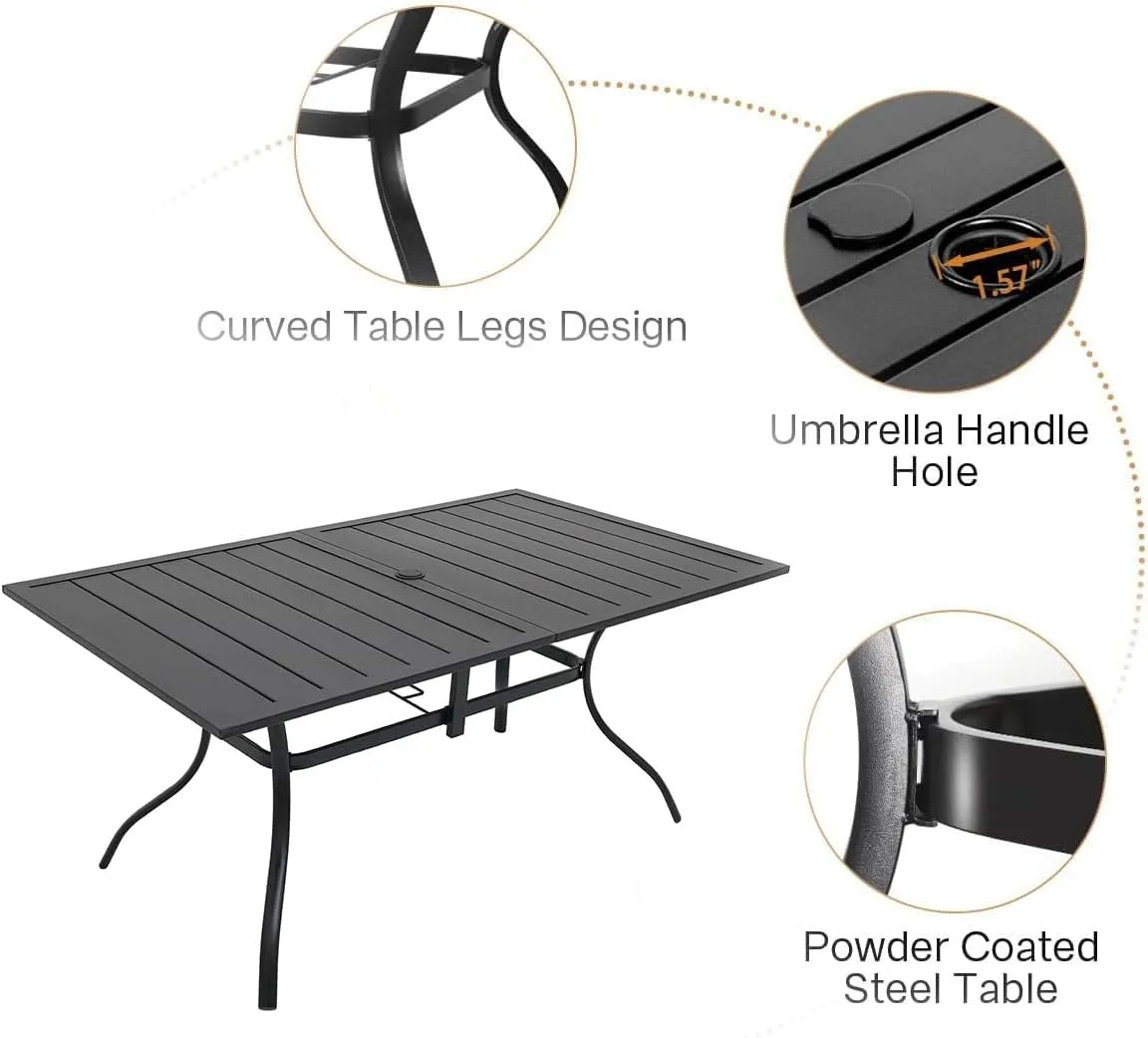 7-Piece Outdoor Dining Set, Powder Coated Steel Table with 6 Stackable Chairs, Gray Textilene, 63 x 38 Inch Table Blue