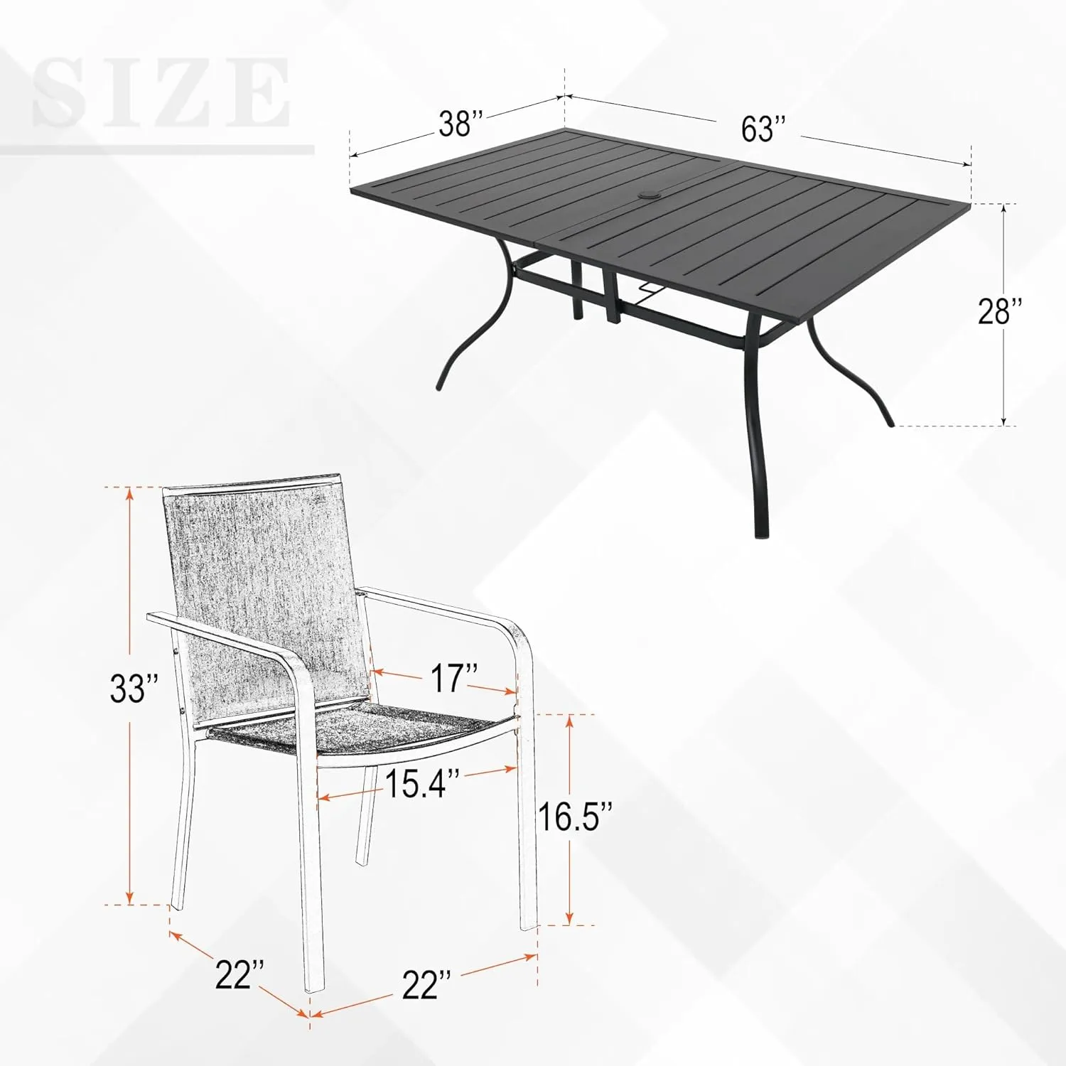 7-Piece Outdoor Dining Set, Powder Coated Steel Table with 6 Stackable Chairs, Gray Textilene, 63 x 38 Inch Table Blue