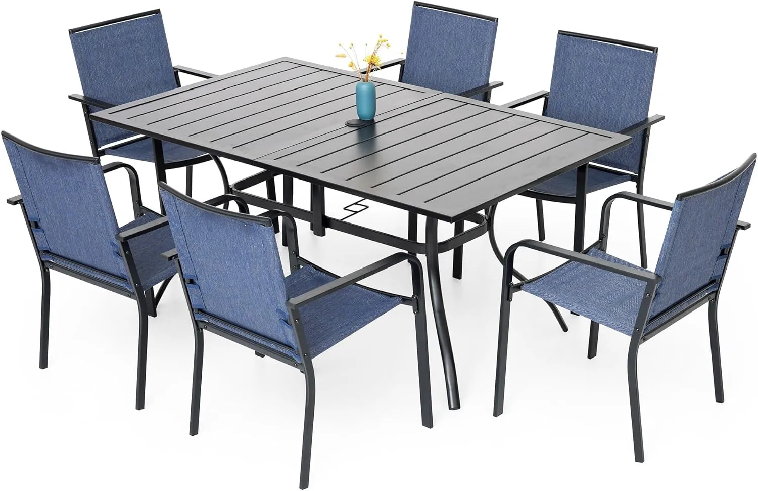 7-Piece Outdoor Dining Set, Powder Coated Steel Table with 6 Stackable Chairs, Gray Textilene, 63 x 38 Inch Table Blue