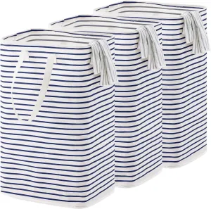 72L Large Collapsible Laundry Basket, Freestanding Clothes Hamper with Easy Carry Long Handles, Waterproof Washing Bag for Bedroom, Bathroom, and Nursery (Blue, 3 Pack)