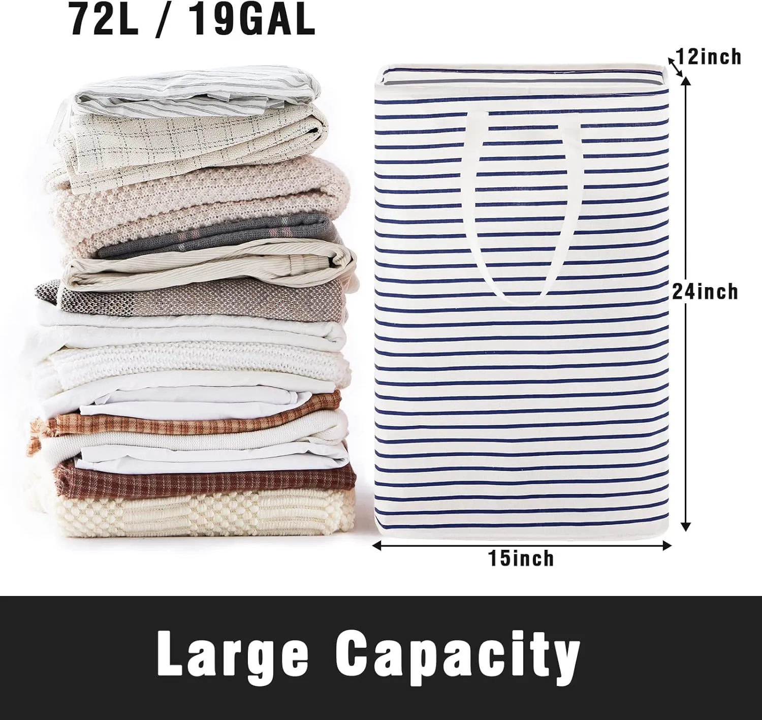 72L Large Collapsible Laundry Basket, Freestanding Clothes Hamper with Easy Carry Long Handles, Waterproof Washing Bag for Bedroom, Bathroom, and Nursery (Blue, 3 Pack)