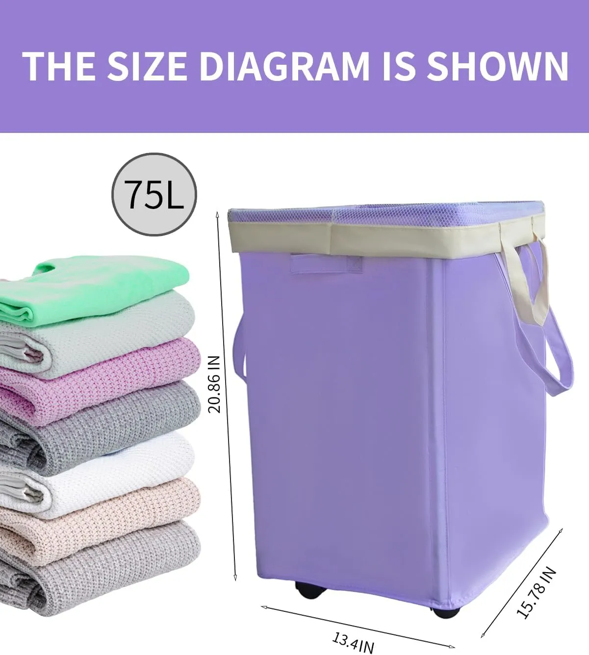 75L Collapsible Tall Laundry Hamper, Laundry Basket with Wheels with Removable Wash Bag Waterproof Clothes Hamper, Narrow Corner Clothes Bins with Handles for Bathroom