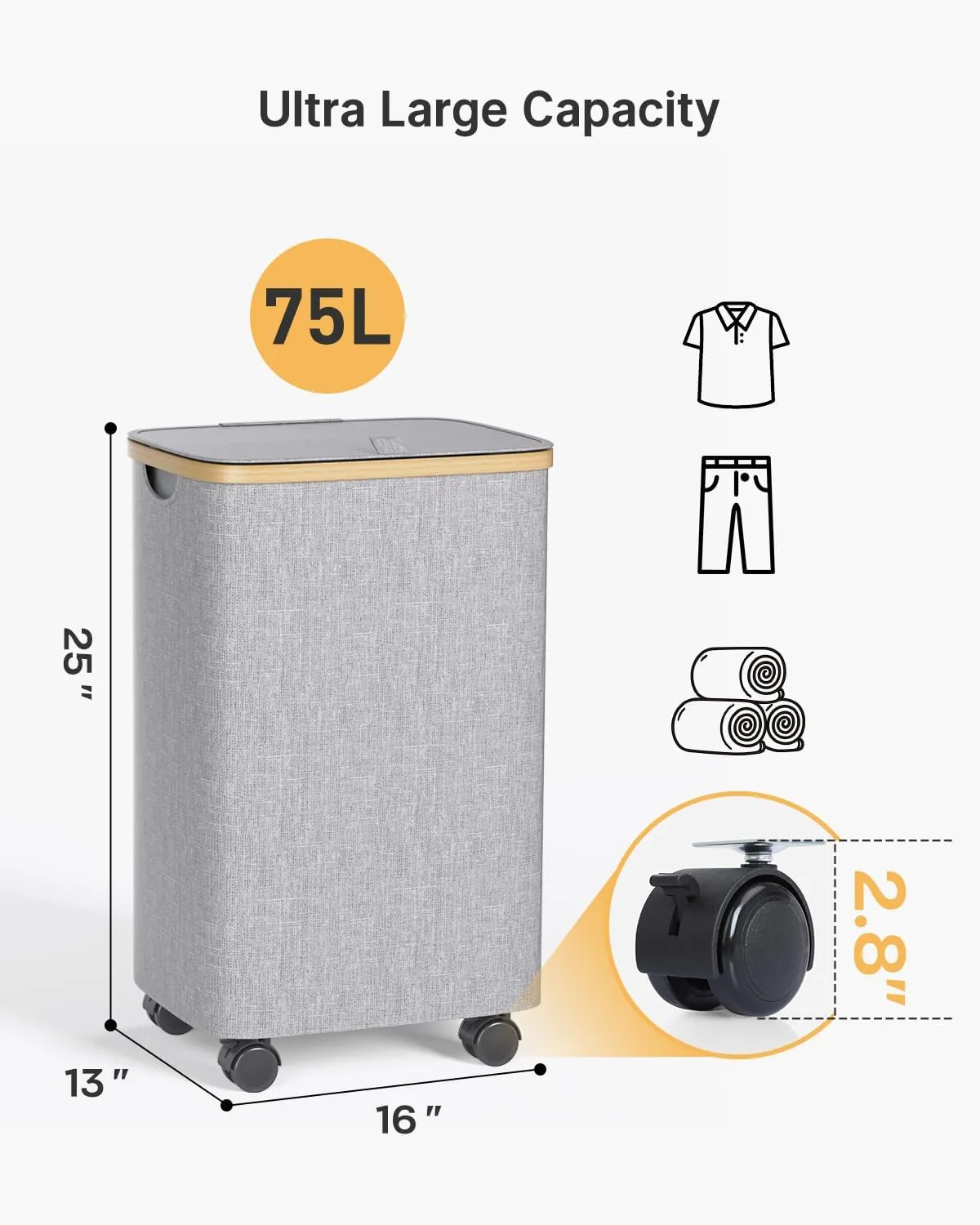 75L Laundry Hamper with Wheels, Rolling Laundry Basket with Lid and 2-Inch Silent Wheels, Collapsible Tall Clothes Hamper with Bamboo Handles for Clothes Toys in Dorm Bedroom Bathroom, Grey
