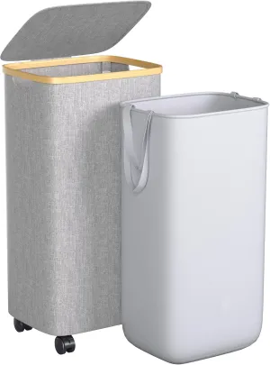75L Laundry Hamper with Wheels, Rolling Laundry Basket with Lid and 2-Inch Silent Wheels, Collapsible Tall Clothes Hamper with Bamboo Handles for Clothes Toys in Dorm Bedroom Bathroom, Grey