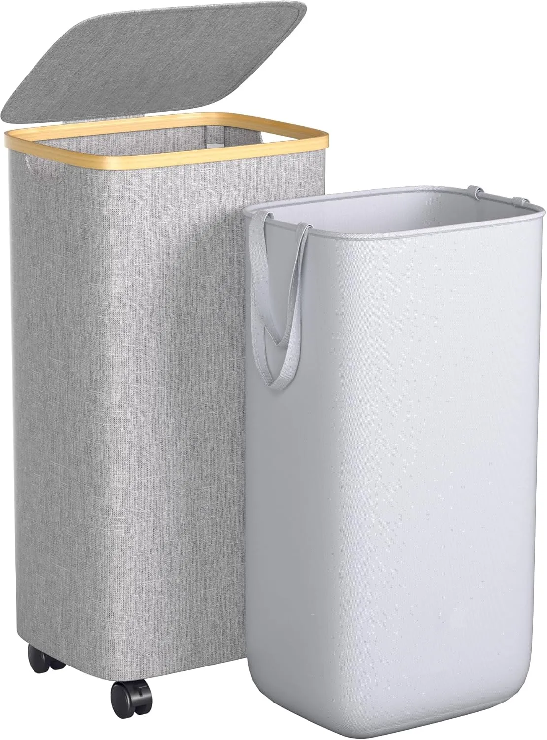 75L Laundry Hamper with Wheels, Rolling Laundry Basket with Lid and 2-Inch Silent Wheels, Collapsible Tall Clothes Hamper with Bamboo Handles for Clothes Toys in Dorm Bedroom Bathroom, Grey