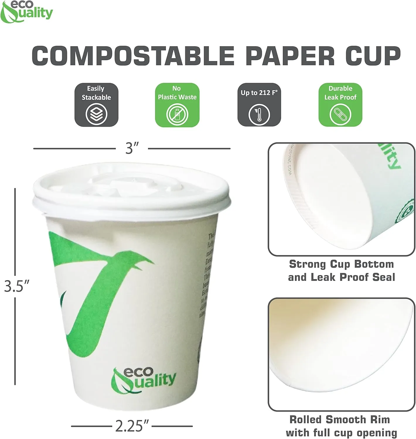 8 oz Compostable Paper Cups with White Flat Lids - Biodegradable Disposable White Paper Coffee Cups PLA Lined - Eco-friendly Hot and Cold Drinking Cups (250)