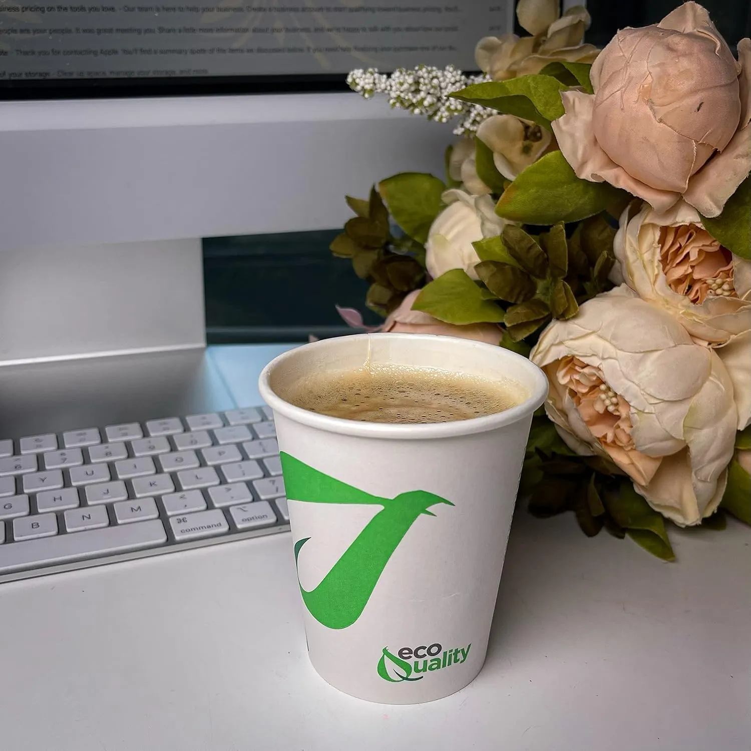 8 oz Compostable Paper Cups with White Flat Lids - Biodegradable Disposable White Paper Coffee Cups PLA Lined - Eco-friendly Hot and Cold Drinking Cups (250)