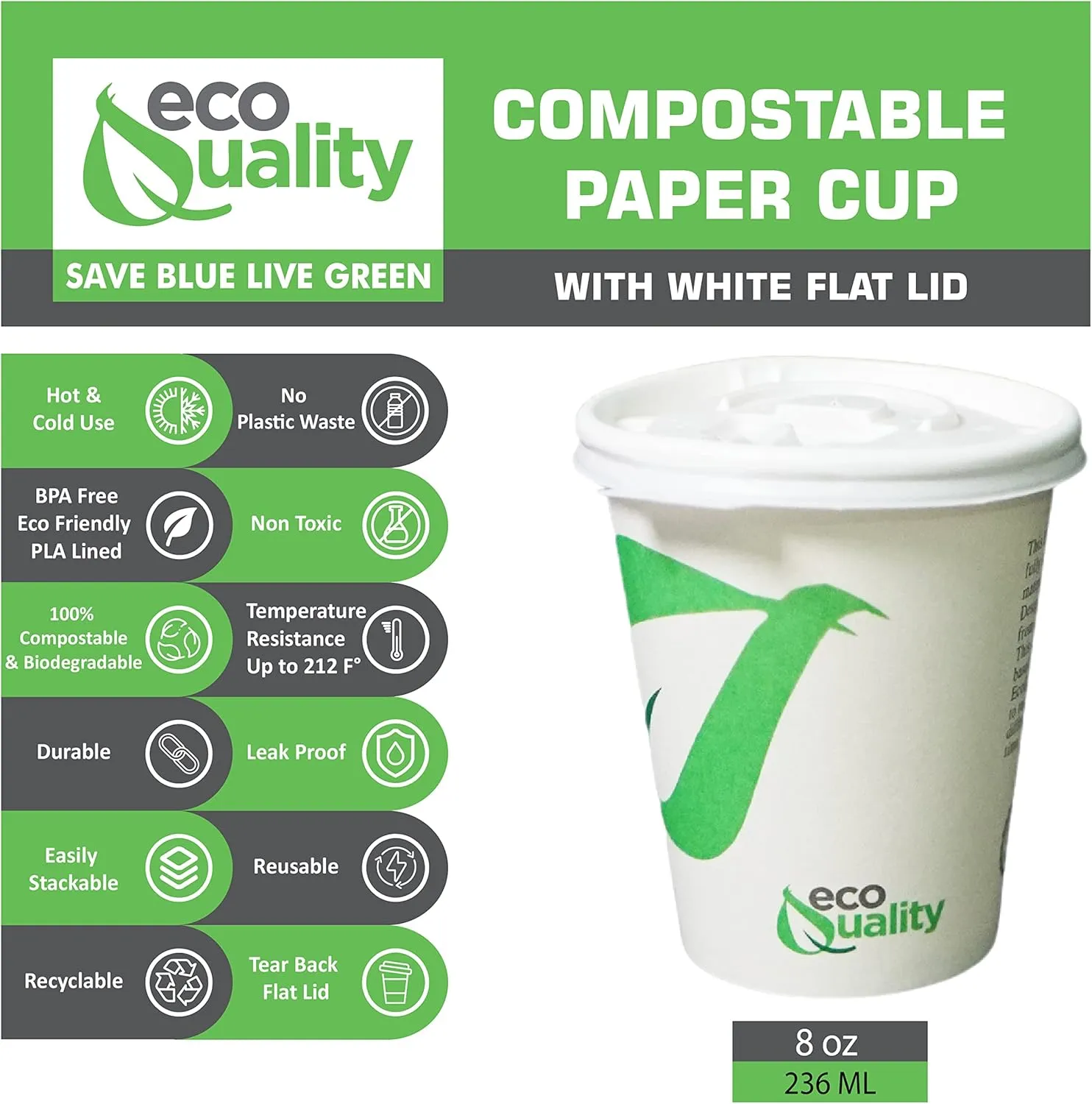 8 oz Compostable Paper Cups with White Flat Lids - Biodegradable Disposable White Paper Coffee Cups PLA Lined - Eco-friendly Hot and Cold Drinking Cups (250)