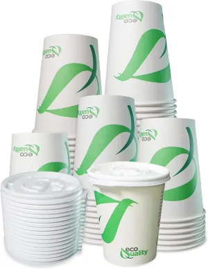 8 oz Compostable Paper Cups with White Flat Lids - Biodegradable Disposable White Paper Coffee Cups PLA Lined - Eco-friendly Hot and Cold Drinking Cups (250)