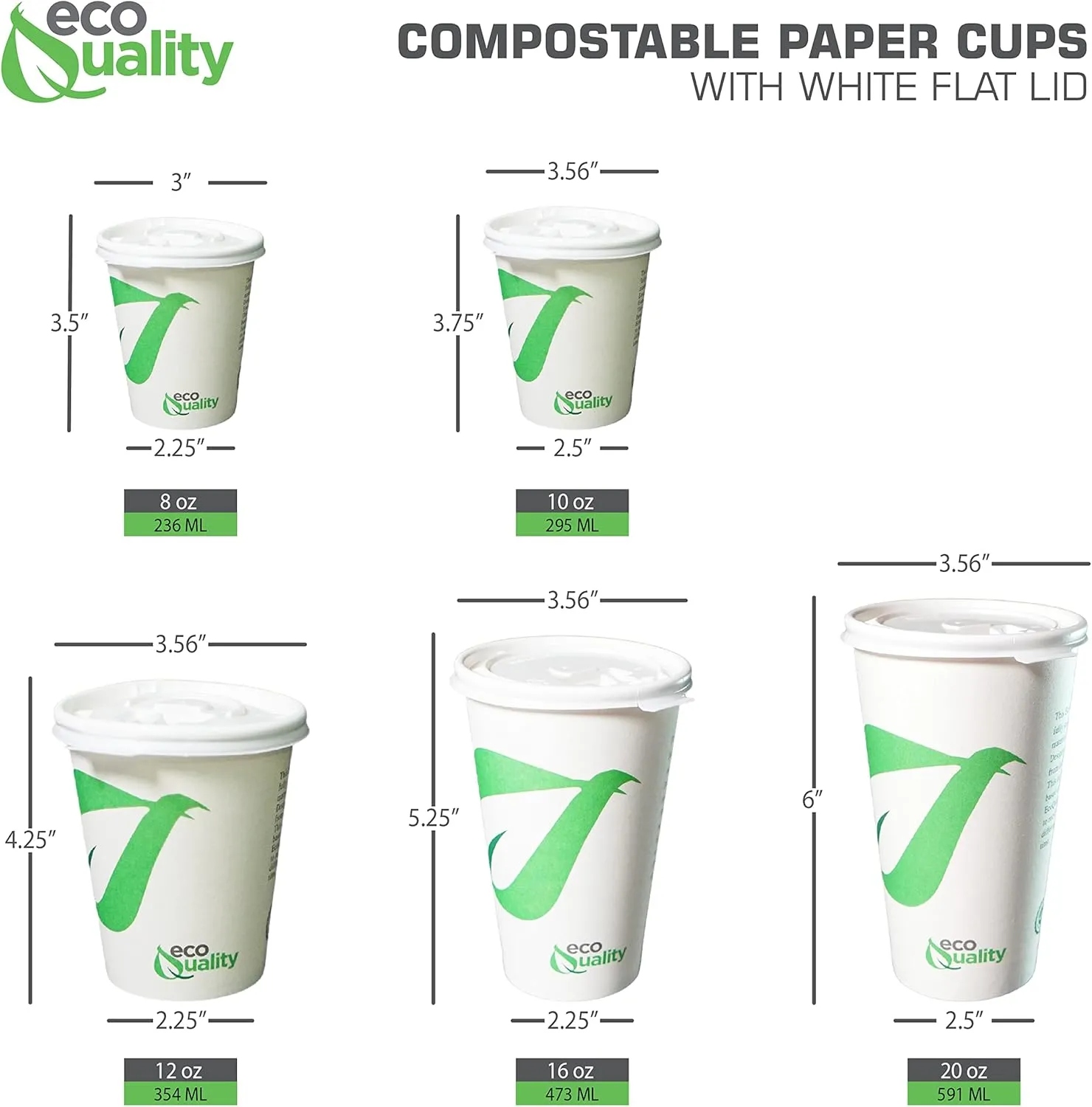 8 oz Compostable Paper Cups with White Flat Lids - Biodegradable Disposable White Paper Coffee Cups PLA Lined - Eco-friendly Hot and Cold Drinking Cups (250)