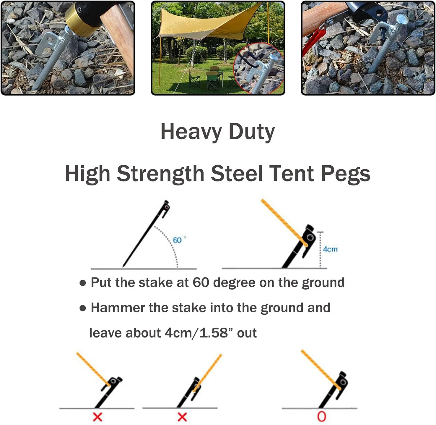 8 Pack Tent Stakes Heavy Duty 12 inch Steel Tent Pegs for Camping Unbreakable and Inflexible