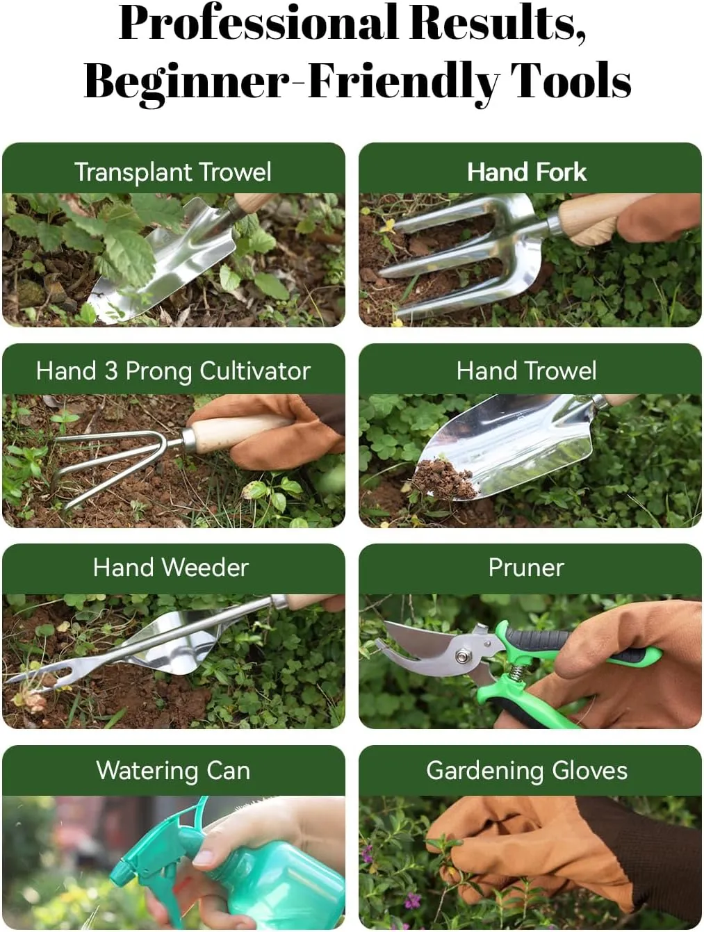 9-Piece Garden Tool Set - Heavy Duty Gardening Hand Tools with Ergonomic Non-Slip Grips, Rust-Resistant Shovel, Trowel, Rake, Pruner & Storage Bag - Ideal Gardening Gifts for Women