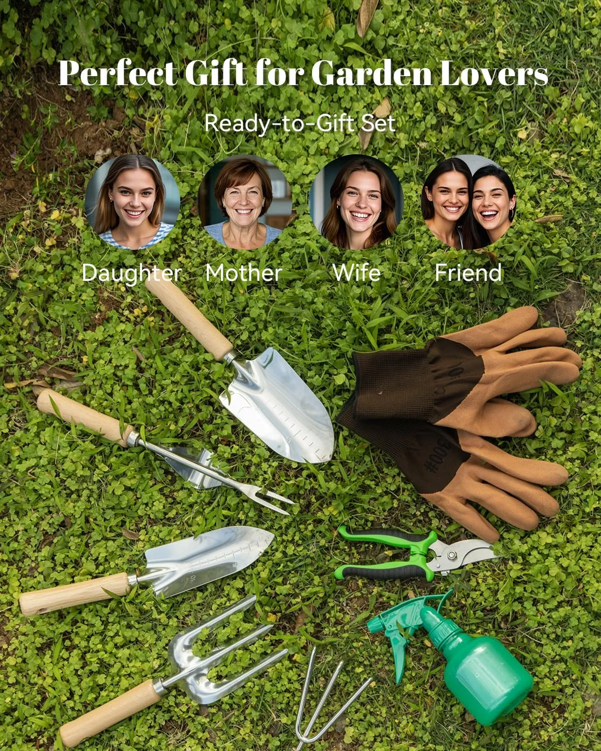 9-Piece Garden Tool Set - Heavy Duty Gardening Hand Tools with Ergonomic Non-Slip Grips, Rust-Resistant Shovel, Trowel, Rake, Pruner & Storage Bag - Ideal Gardening Gifts for Women
