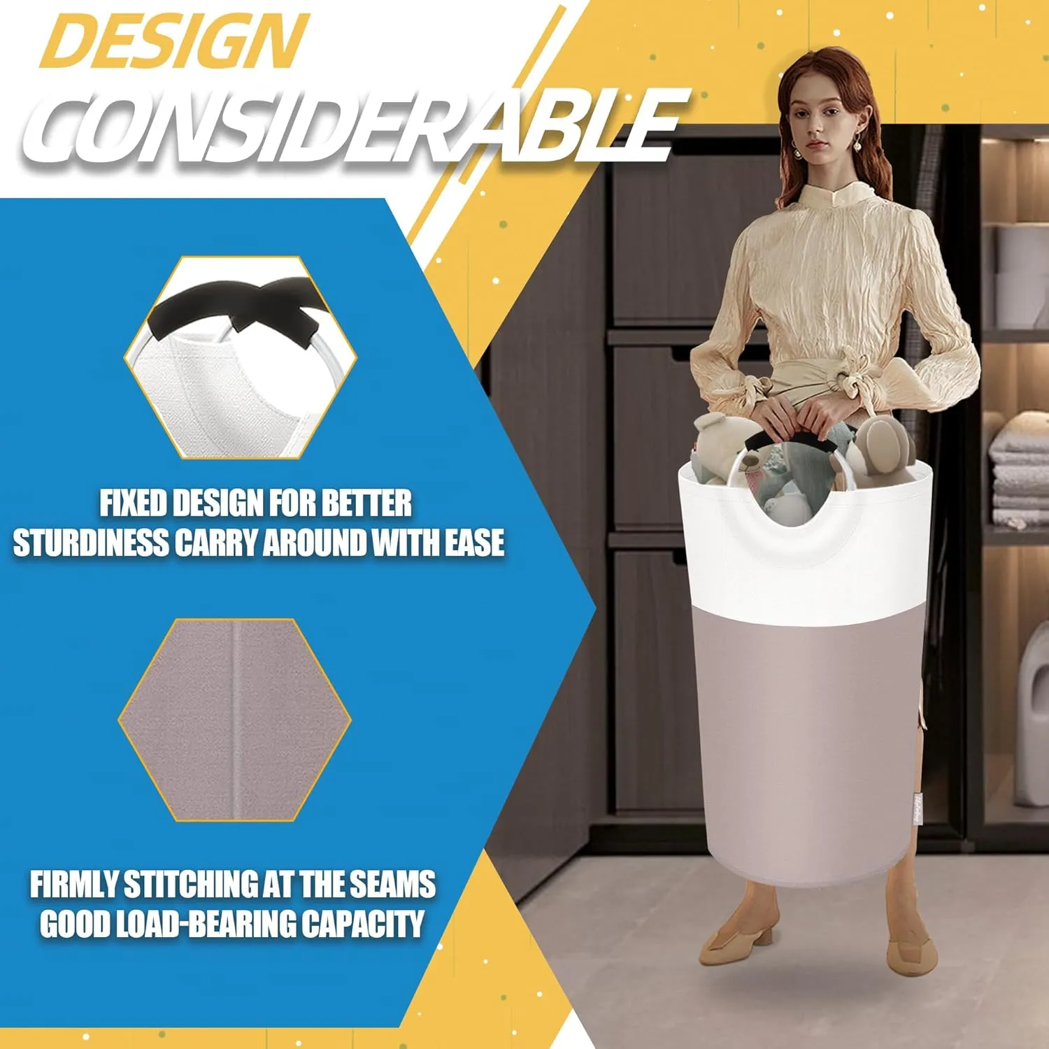 90L Laundry Basket, Collapsible Laundry Hamper with Padded Handles, Waterproof Laundry Bag, Tall Clothes Hamper Stand Up Well, Foldable Laundry Baskets for Easy Storage(Khaki)