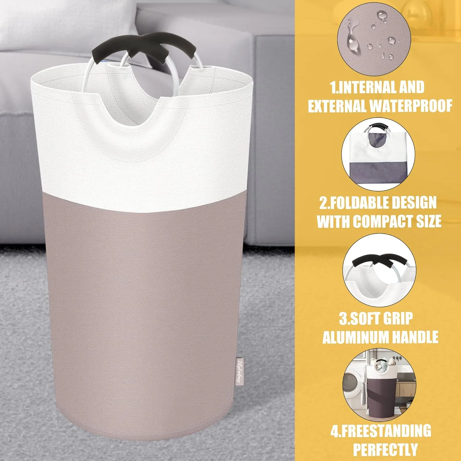 90L Laundry Basket, Collapsible Laundry Hamper with Padded Handles, Waterproof Laundry Bag, Tall Clothes Hamper Stand Up Well, Foldable Laundry Baskets for Easy Storage(Khaki)
