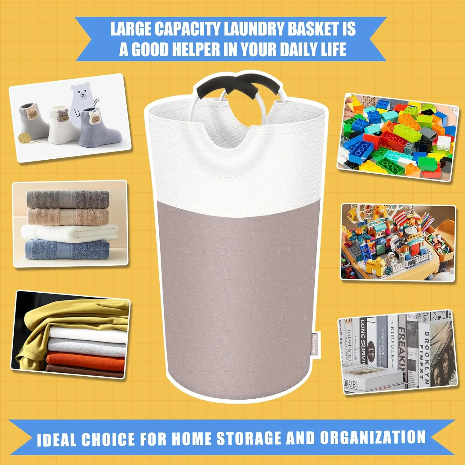 90L Laundry Basket, Collapsible Laundry Hamper with Padded Handles, Waterproof Laundry Bag, Tall Clothes Hamper Stand Up Well, Foldable Laundry Baskets for Easy Storage(Khaki)