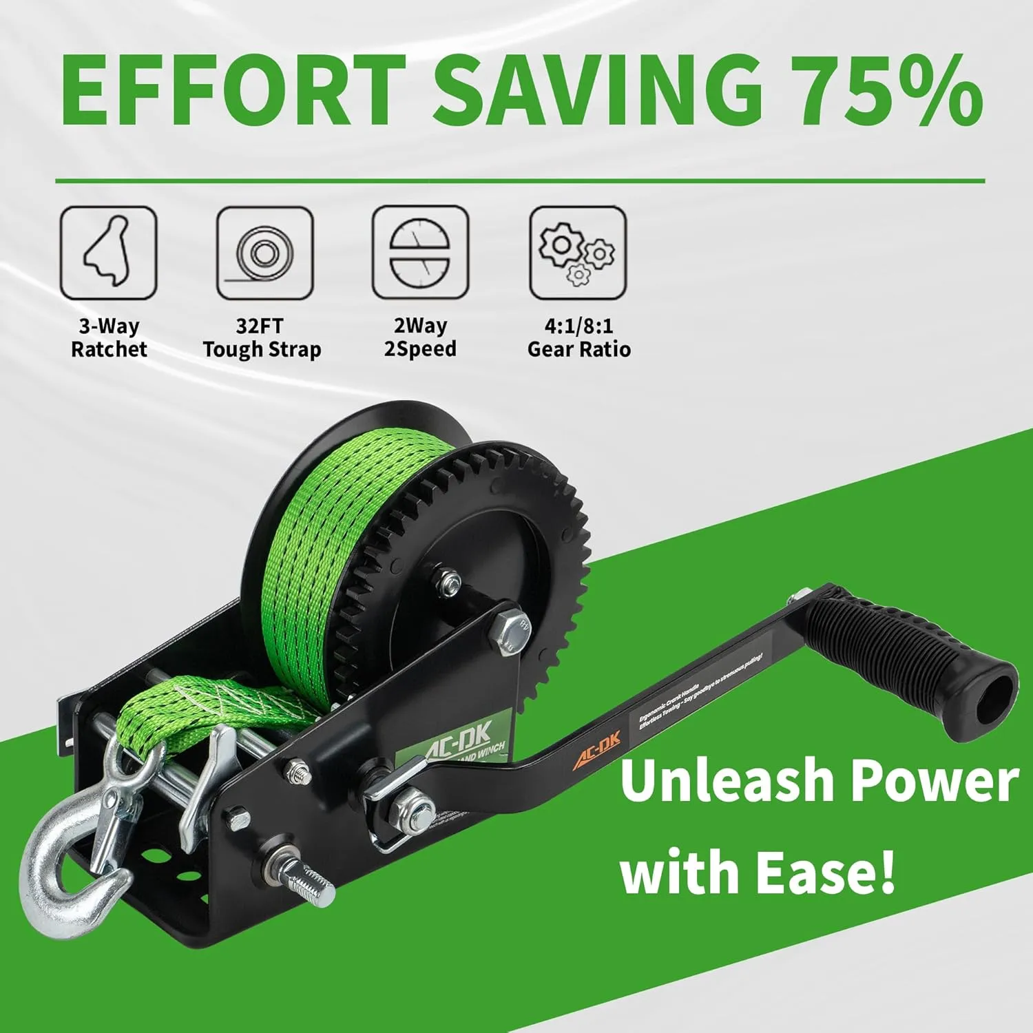 AC-DK 3200lbs Heavy Duty Boat Trailer Winch with 32FT Strap，2-Way Ratchet 4:1/8:1 Gear Trailer Winch，Portable Hand Crank Winch for Boat, Truck, Trailer, RV, ATV, Jet Ski
