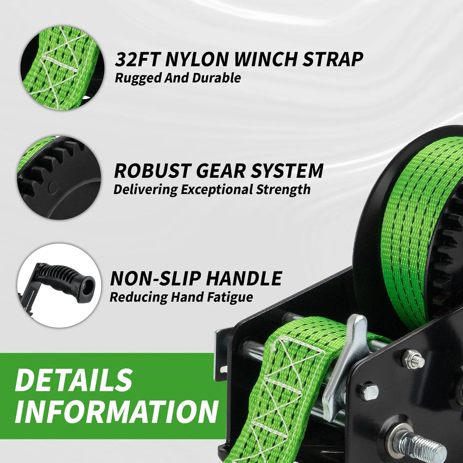 AC-DK 3200lbs Heavy Duty Boat Trailer Winch with 32FT Strap，2-Way Ratchet 4:1/8:1 Gear Trailer Winch，Portable Hand Crank Winch for Boat, Truck, Trailer, RV, ATV, Jet Ski