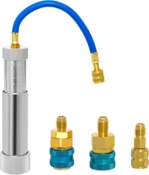 AC Oil Dye Injector Backflow Prevent Kit, with R134A & R1234YF Low Side Quick Coupler, R410A Mini Split Adapter for R134A R410A R1234YF Refrigerant System( 1/4" SAE Connector,2 OZ Hand Turn Screw)