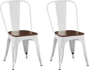 AC Pacific Stackable Metal Dining Chairs Set of 2 for Indoor and Outdoor Use, Durable Stacking Seat, Farmhouse Kitchen, Bar, Patio, Bistro, Cafe, Industrial Style, High Gloss White/Wooden Base