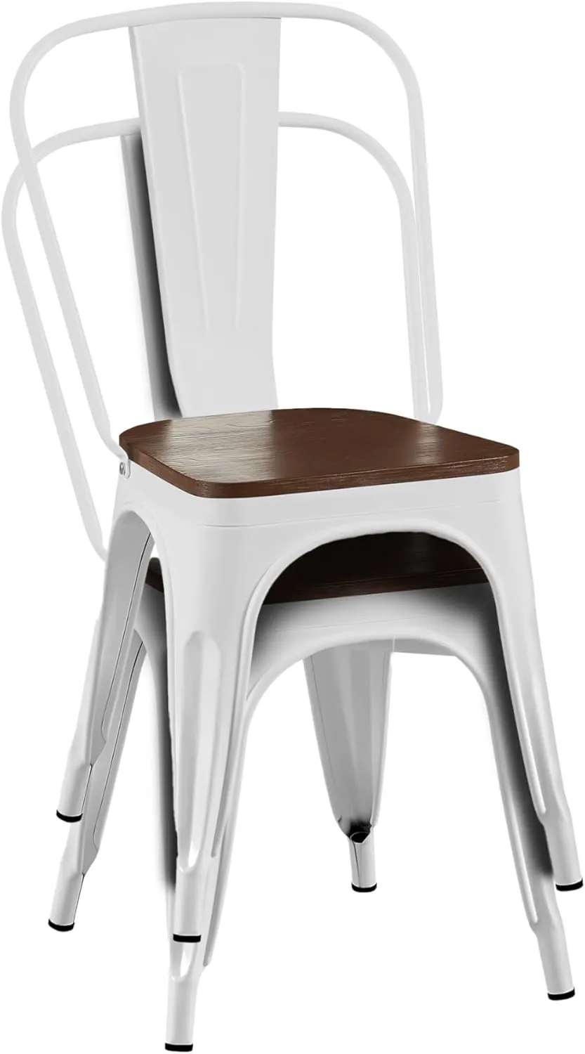 AC Pacific Stackable Metal Dining Chairs Set of 2 for Indoor and Outdoor Use, Durable Stacking Seat, Farmhouse Kitchen, Bar, Patio, Bistro, Cafe, Industrial Style, High Gloss White/Wooden Base