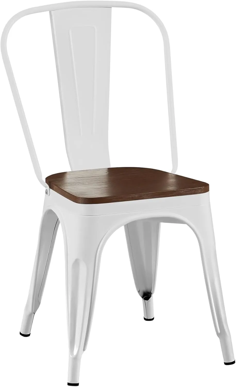 AC Pacific Stackable Metal Dining Chairs Set of 2 for Indoor and Outdoor Use, Durable Stacking Seat, Farmhouse Kitchen, Bar, Patio, Bistro, Cafe, Industrial Style, High Gloss White/Wooden Base