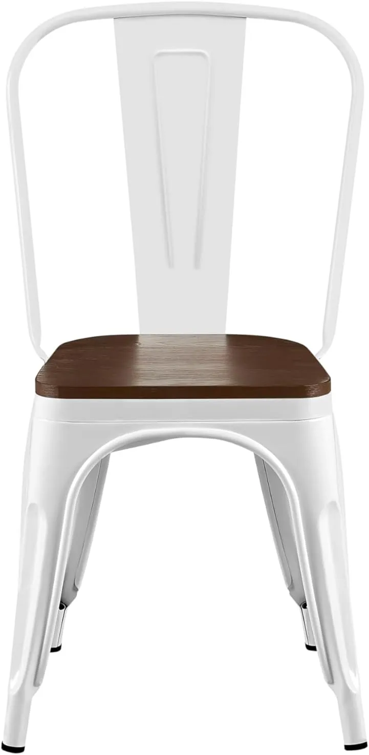 AC Pacific Stackable Metal Dining Chairs Set of 2 for Indoor and Outdoor Use, Durable Stacking Seat, Farmhouse Kitchen, Bar, Patio, Bistro, Cafe, Industrial Style, High Gloss White/Wooden Base