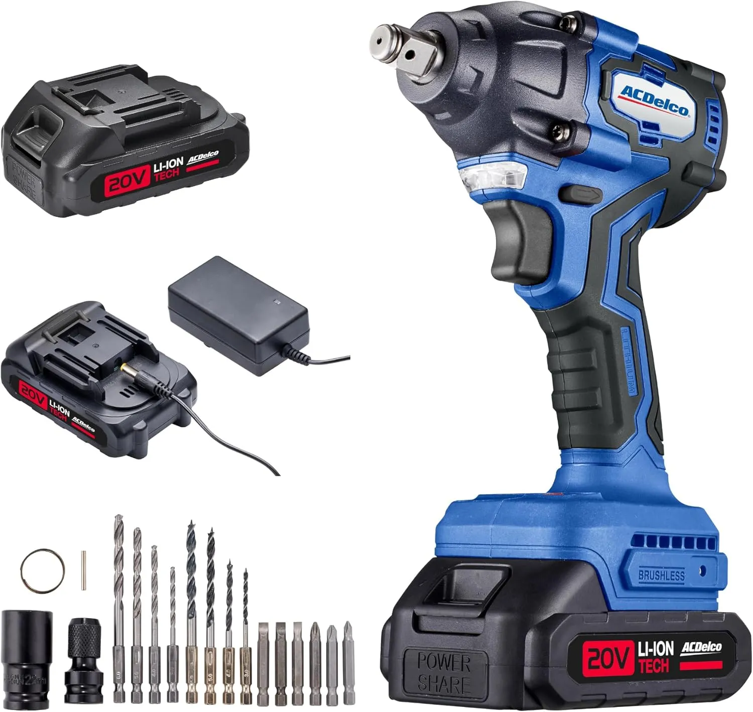ACDelco ARI20132P 20V Brushless 1/2" Impact Wrench, Cordless Impact Wrench, 251 Ft-lbs (350Nm) Brushless 1/2 Inch Impact Wrench, 2600RPM High Torque Impact Gun,1x2.0Ah Battery Electric Impact