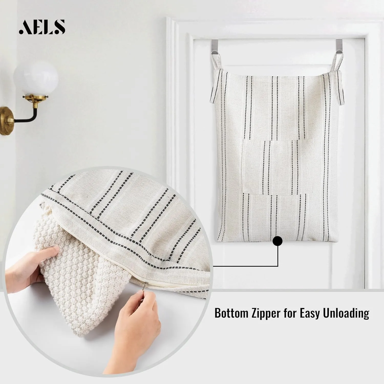 AELS Farmhouse Hanging Laundry Hamper with 2 Hooks, Boho Beige & Black Stripes Laundry Bag with Zipper & Wide Open Top, Over the Door Organizer for Dirty Clothes, Washable Space Saving Storage