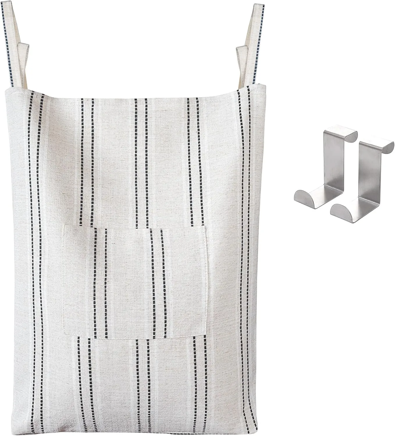 AELS Farmhouse Hanging Laundry Hamper with 2 Hooks, Boho Beige & Black Stripes Laundry Bag with Zipper & Wide Open Top, Over the Door Organizer for Dirty Clothes, Washable Space Saving Storage