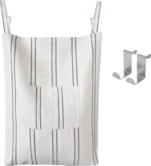 AELS Farmhouse Hanging Laundry Hamper with 2 Hooks, Boho Beige & Black Stripes Laundry Bag with Zipper & Wide Open Top, Over the Door Organizer for Dirty Clothes, Washable Space Saving Storage