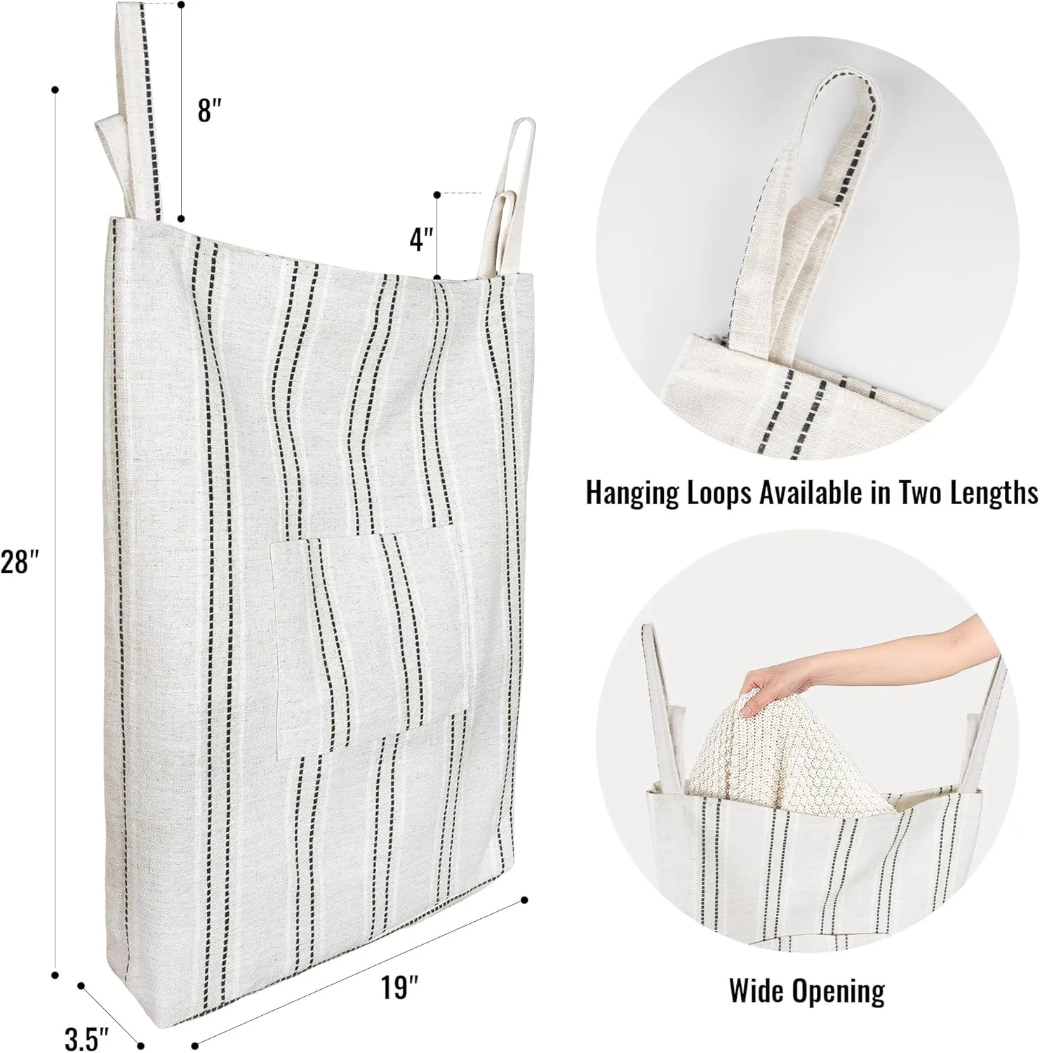 AELS Farmhouse Hanging Laundry Hamper with 2 Hooks, Boho Beige & Black Stripes Laundry Bag with Zipper & Wide Open Top, Over the Door Organizer for Dirty Clothes, Washable Space Saving Storage