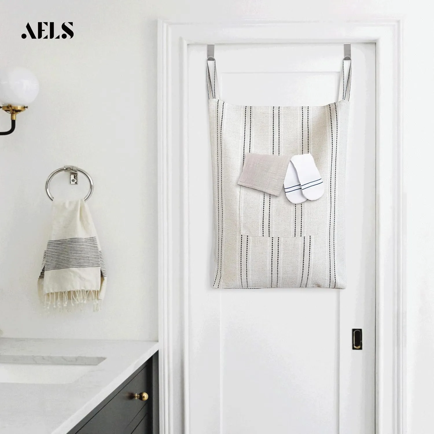 AELS Farmhouse Hanging Laundry Hamper with 2 Hooks, Boho Beige & Black Stripes Laundry Bag with Zipper & Wide Open Top, Over the Door Organizer for Dirty Clothes, Washable Space Saving Storage