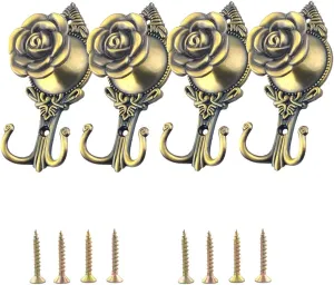 Ailejia 2 Pair Vintage Decorative Drapery Curtain Holdbacks Key Tieback Hooks Rose Flower Wall Hanging Coat Hooks Flower Design Hookbacks (Rose, Bronze)