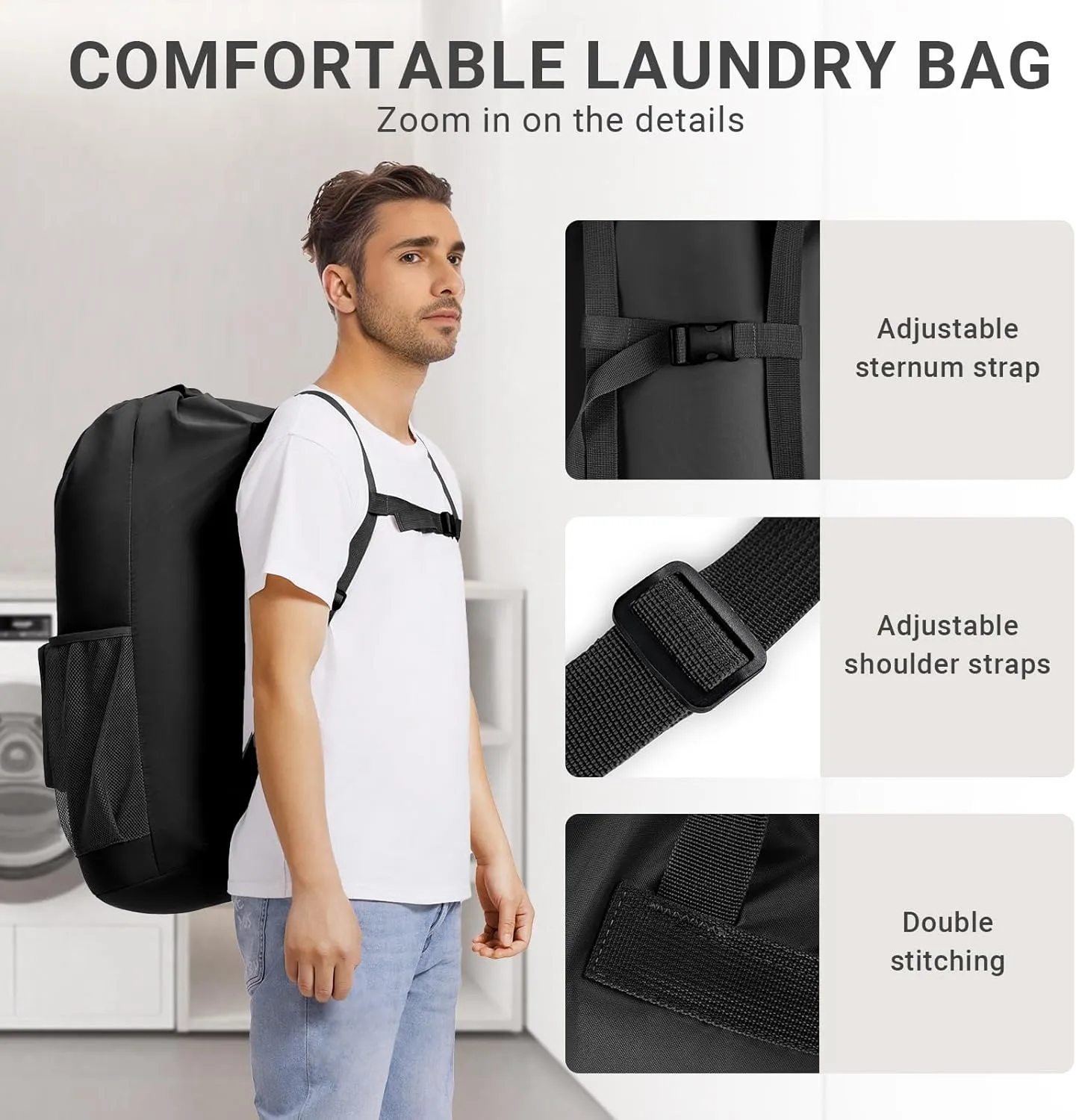 Aisbei 2 PCS Backpack Laundry Bag with Chest Straps-100L Extra Large Foldable Dirty Clothes Travel Bag Laundry Hamper Bag for Travel College Laundromat Apartment (Black)