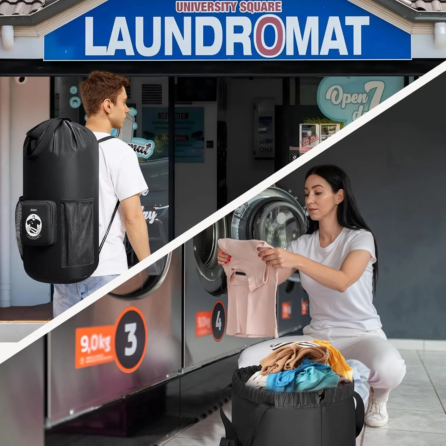 Aisbei 2 PCS Backpack Laundry Bag with Chest Straps-100L Extra Large Foldable Dirty Clothes Travel Bag Laundry Hamper Bag for Travel College Laundromat Apartment (Black)