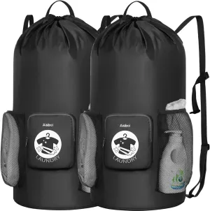 Aisbei 2 PCS Backpack Laundry Bag with Chest Straps-100L Extra Large Foldable Dirty Clothes Travel Bag Laundry Hamper Bag for Travel College Laundromat Apartment (Black)