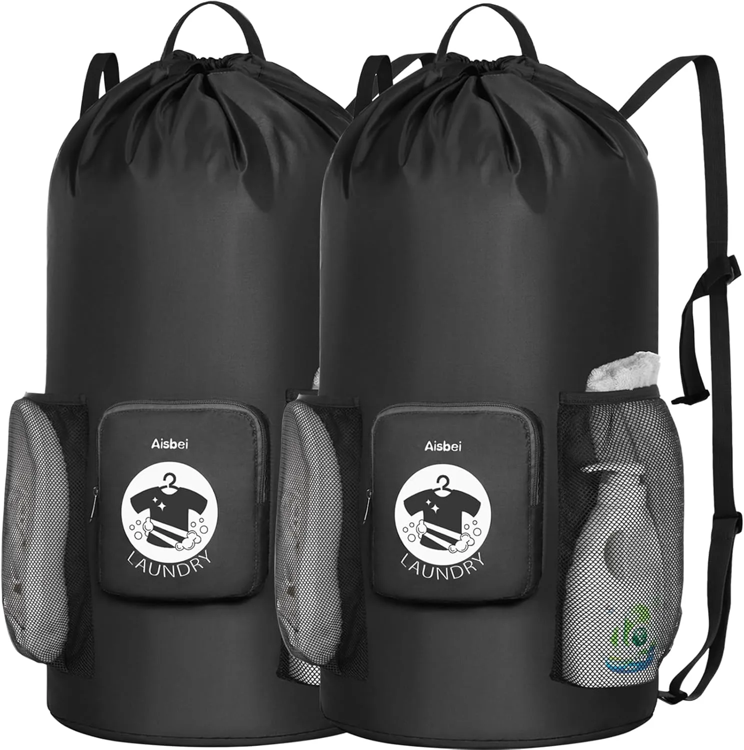 Aisbei 2 PCS Backpack Laundry Bag with Chest Straps-100L Extra Large Foldable Dirty Clothes Travel Bag Laundry Hamper Bag for Travel College Laundromat Apartment (Black)