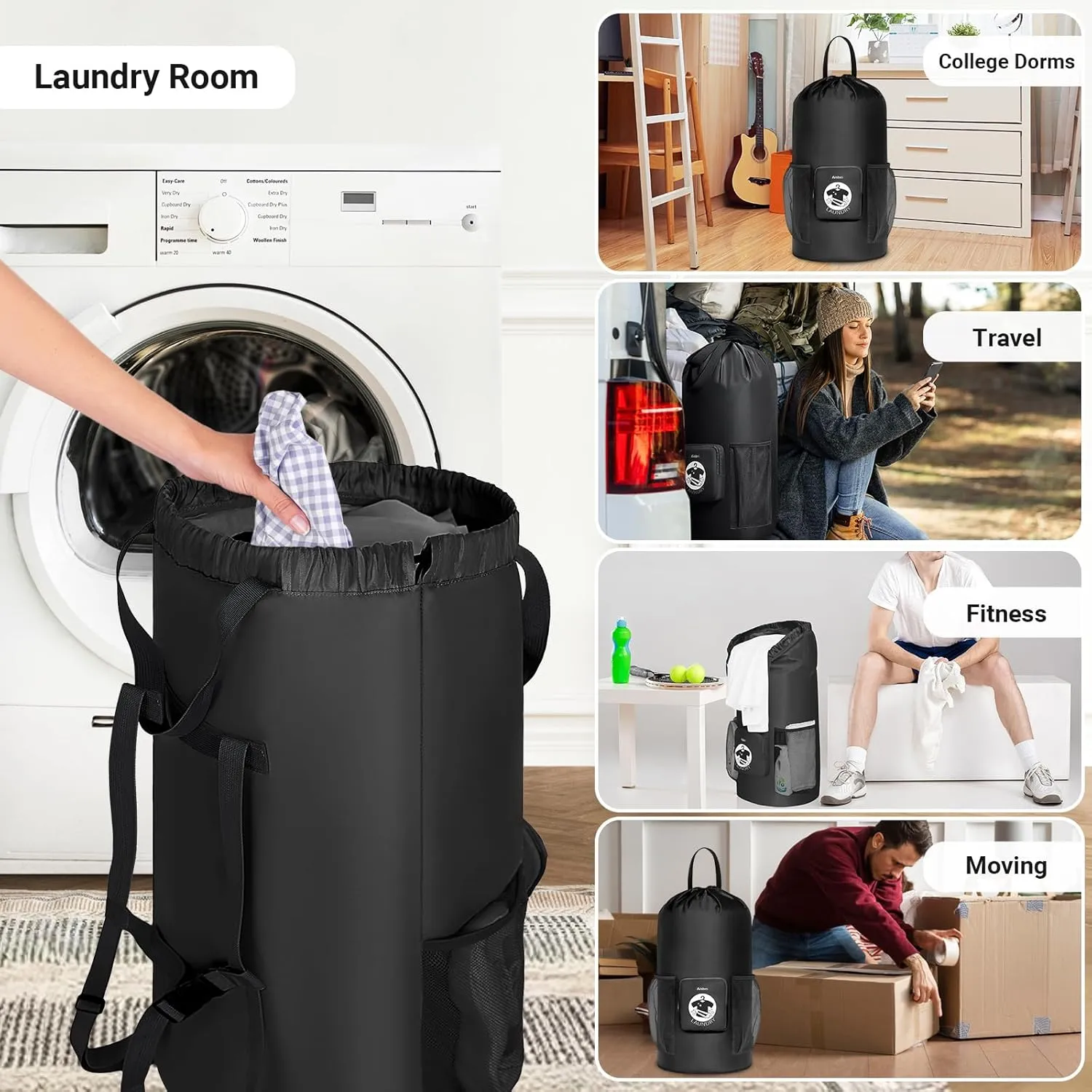 Aisbei 2 PCS Backpack Laundry Bag with Chest Straps-100L Extra Large Foldable Dirty Clothes Travel Bag Laundry Hamper Bag for Travel College Laundromat Apartment (Black)