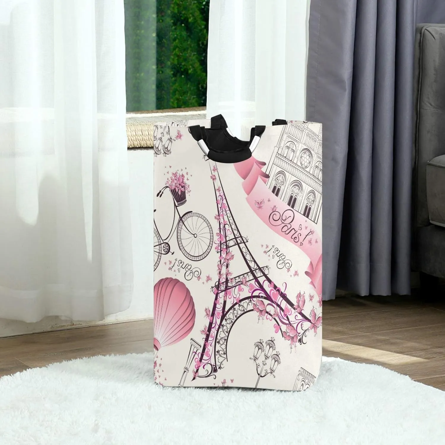 ALAZA Large Laundry Hamper Basket Eiffel Tower Paris Laundry Bag Stylish Collapsible Oxford Cloth Home Storage Bin with Handles, 22.7 Inch