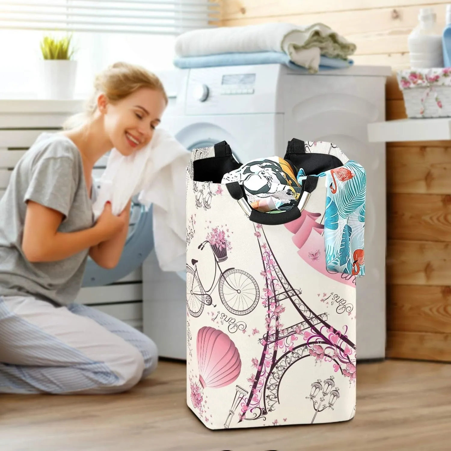 ALAZA Large Laundry Hamper Basket Eiffel Tower Paris Laundry Bag Stylish Collapsible Oxford Cloth Home Storage Bin with Handles, 22.7 Inch