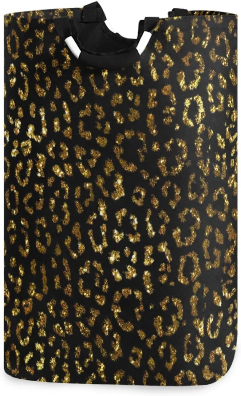 ALAZA Large Laundry Hamper Basket Gold Leopard Print Cheetah Laundry Bag Collapsible Oxford Cloth Stylish Home Storage Bin with Handles, 22.7 Inch