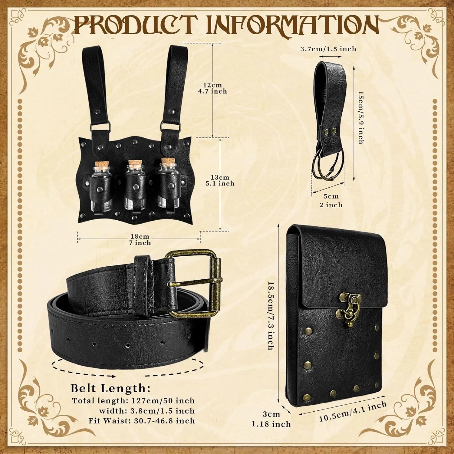 Alchemist Belt Pouch Potion Bottle Waist Bag Steampunk Phone Holder Medieval Leather Belt for Renaissance Cosplay Costume Accessories Christmas Gifts (3Bottles-Black)